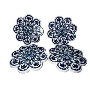 Set of 4 Turkish Ceramic Floral Coasters Blue and White